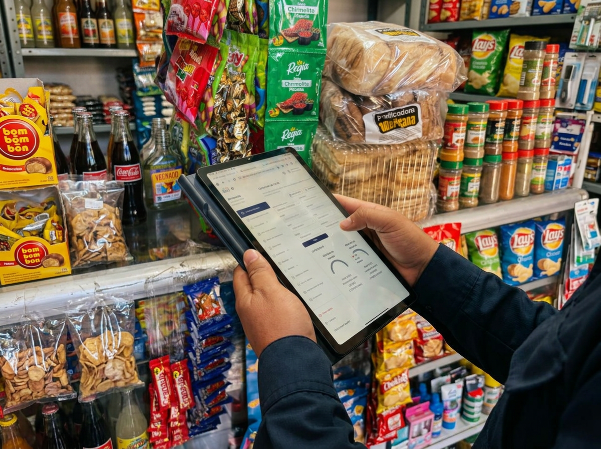 Sales rep reviewing an order on a tablet inside a store