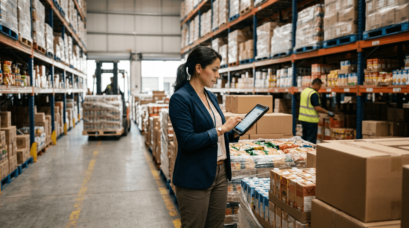 Operaria revisando inventario en un almacén
